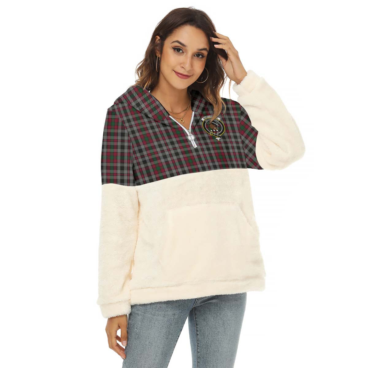 Borthwick Tartan Women's Borg Fleece Hoodie With Half Zip with Family Crest Female - Tartan Vibes Clothing