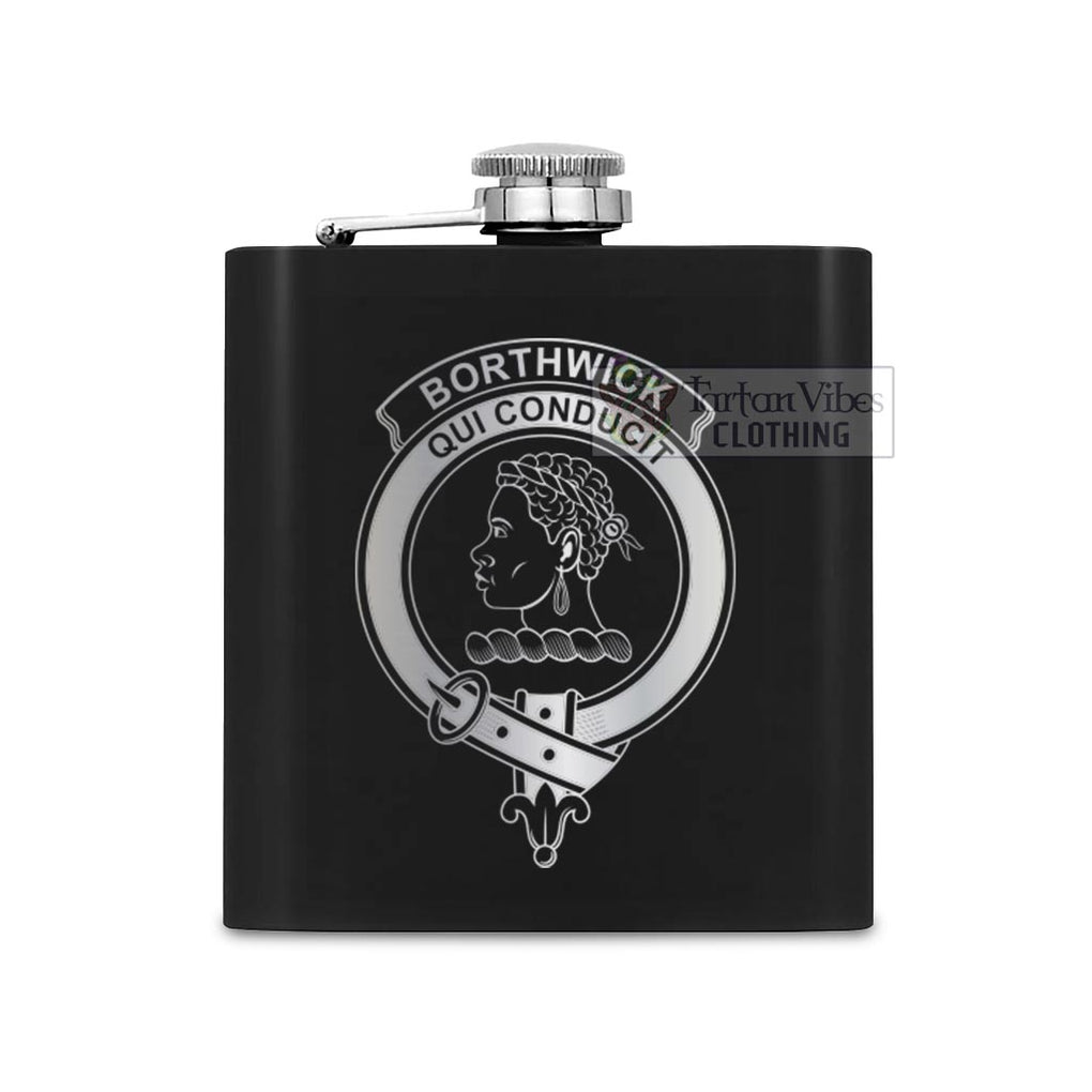Tartan Vibes Clothing Borthwick Crest Hip Flask Set 7oz Black Stainless Steel with A Gift Box