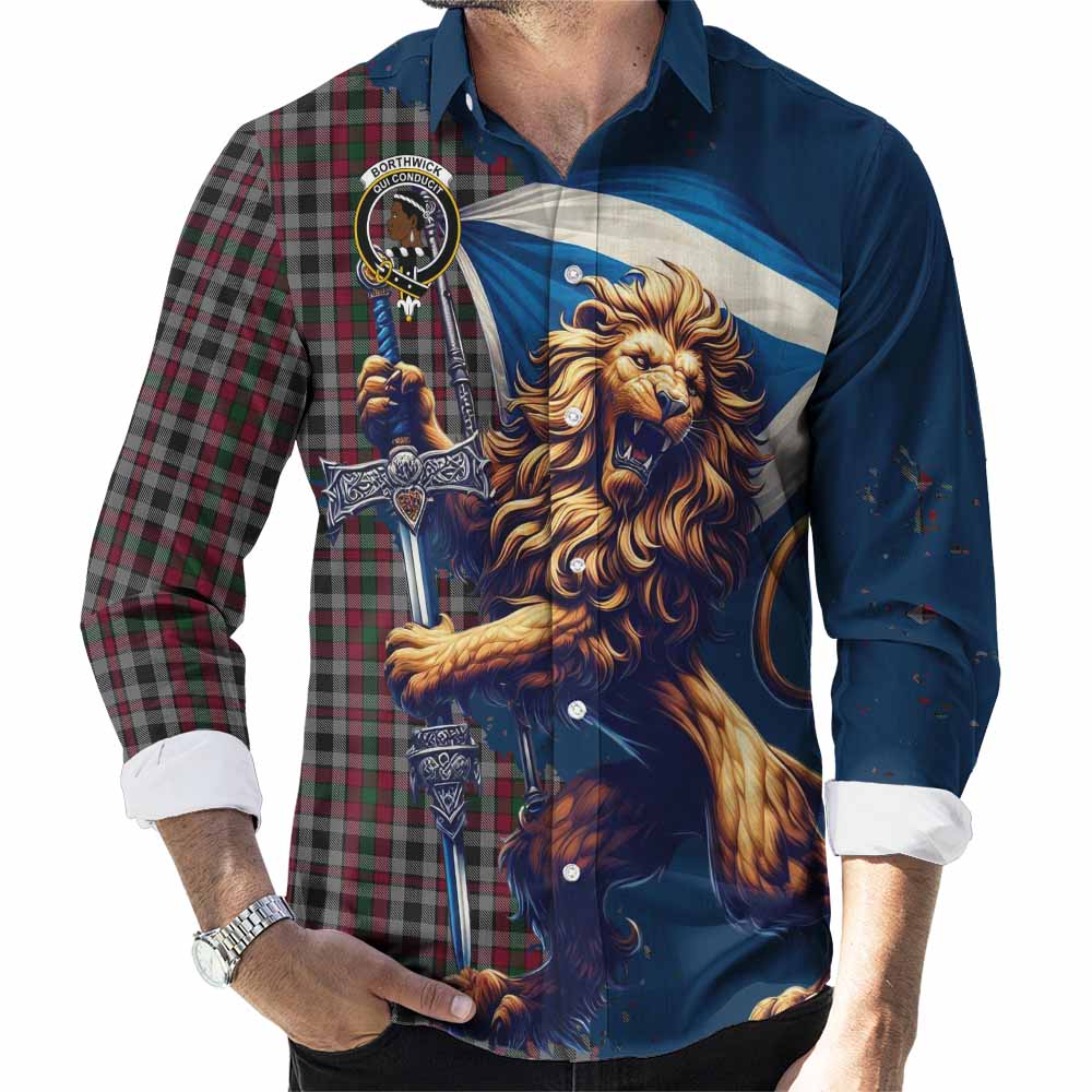 Borthwick Tartan Family Crest Long Sleeve Button Shirt with Scottish Majestic Lion Men's Shirt S - Tartan Vibes Clothing