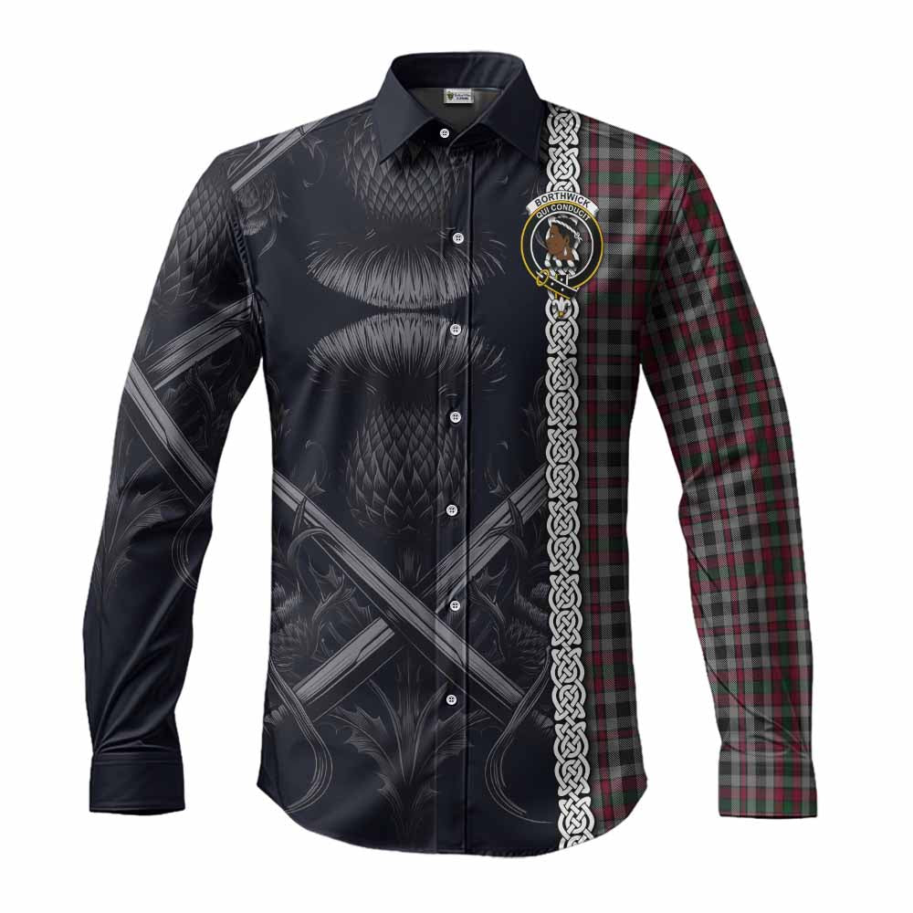 Tartan Vibes Clothing Borthwick Tartan Long Sleeve Button Shirt with Family Crest Cross Sword Thistle Celtic Vibes