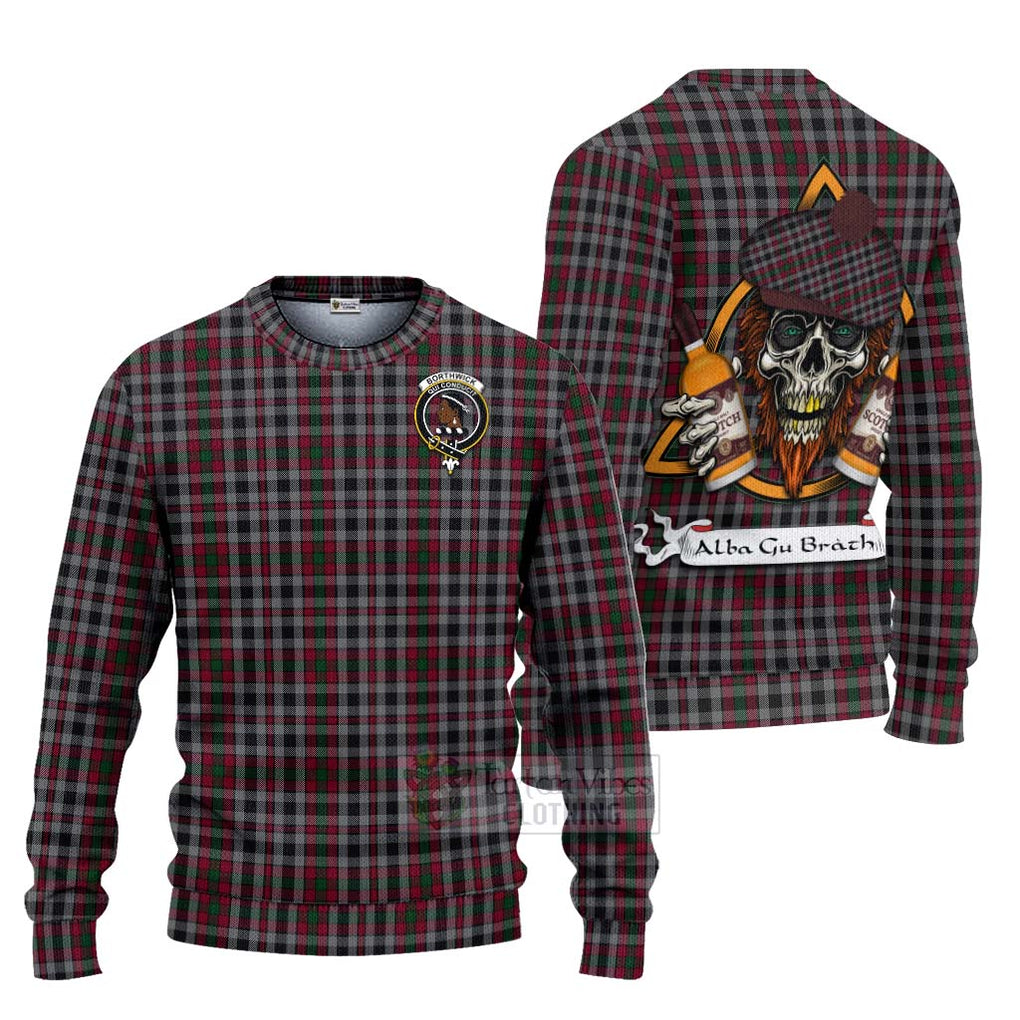 Tartan Vibes Clothing Borthwick Tartan Knitted Sweater with Family Crest and Bearded Skull Holding Bottles of Whiskey