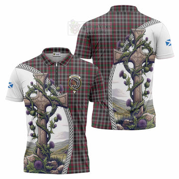 Borthwick Tartan Zipper Polo Shirt with Family Crest and St. Andrew's Cross Accented by Thistle Vines Unisex - Tartan Vibes Clothing