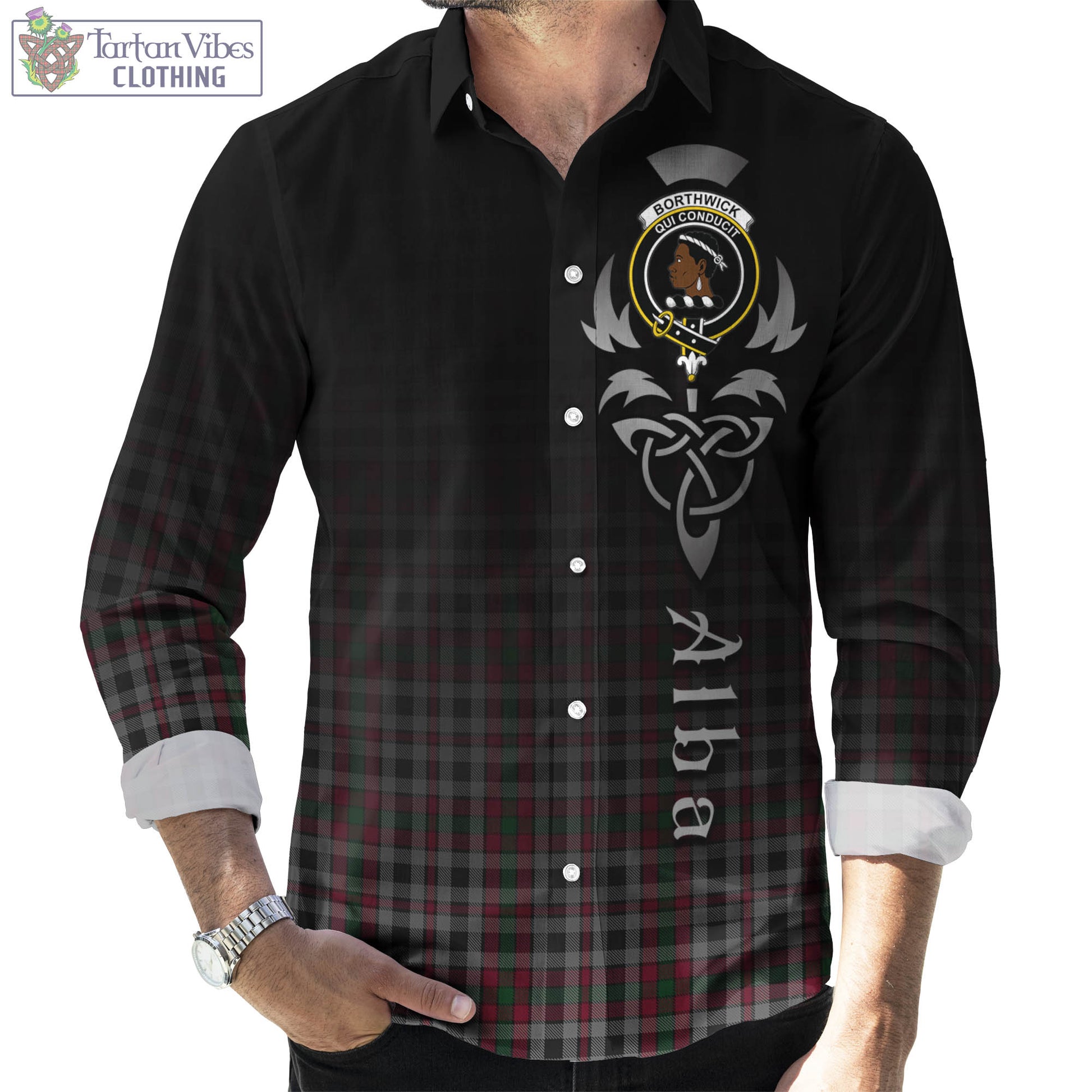 Tartan Vibes Clothing Borthwick Tartan Long Sleeve Button Up Featuring Alba Gu Brath Family Crest Celtic Inspired