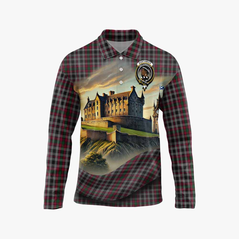 Borthwick Tartan Family Crest Long Sleeve Polo Shirt with Scottish Ancient Castle Style Unisex - Tartan Vibes Clothing