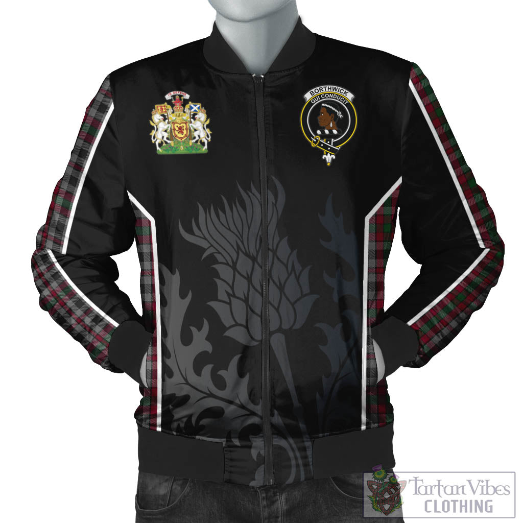 Borthwick Tartan Bomber Jacket with Family Crest and Scottish Thistle Vibes Sport Style Unisex Black - Tartan Vibes Clothing