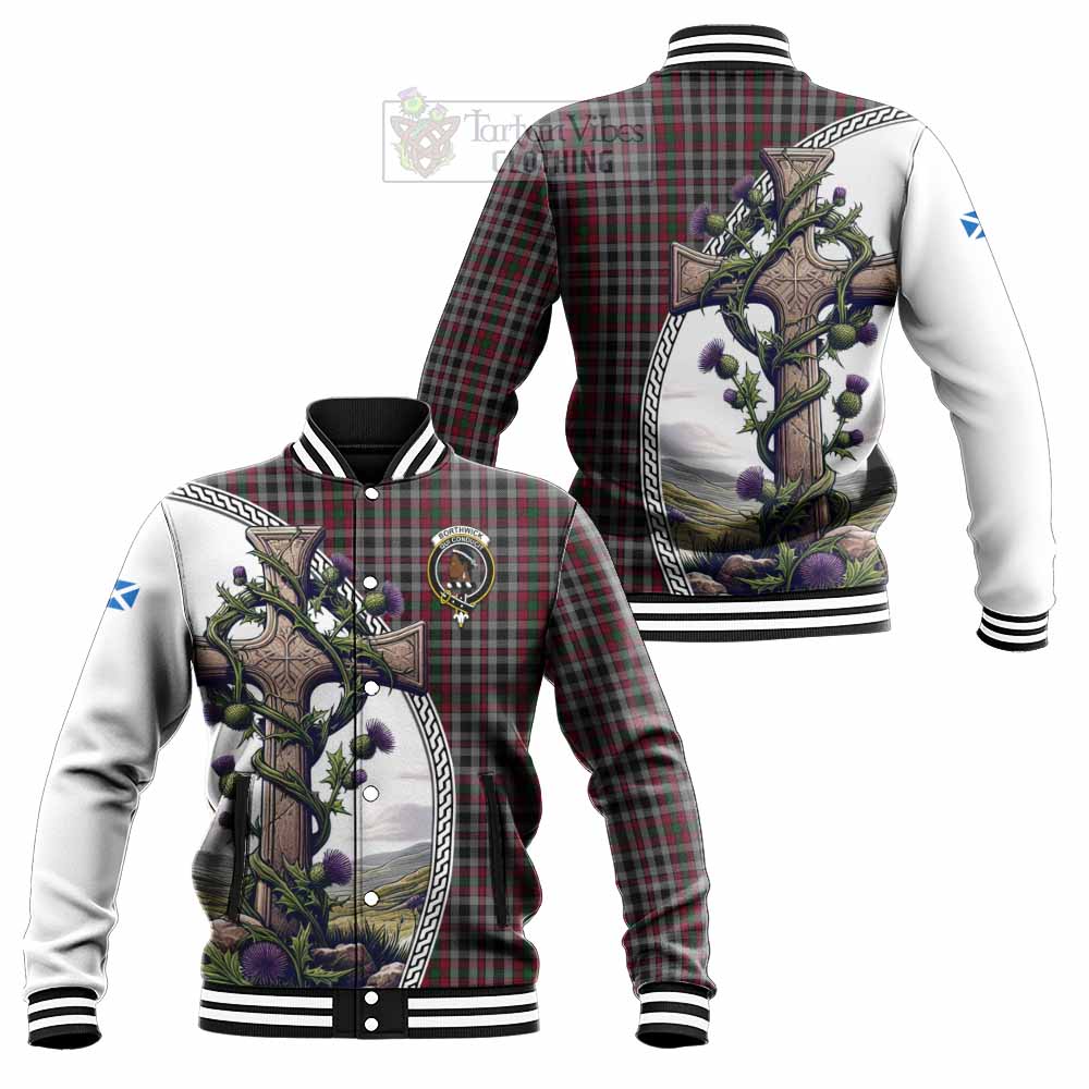 Borthwick Tartan Baseball Jacket with Family Crest and St. Andrew's Cross Accented by Thistle Vines Unisex - Tartan Vibes Clothing