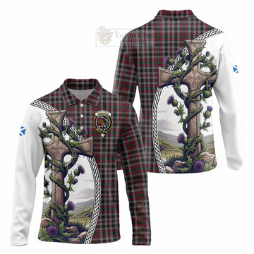 Borthwick Tartan Long Sleeve Polo Shirt with Family Crest and St. Andrew's Cross Accented by Thistle Vines Unisex - Tartan Vibes Clothing