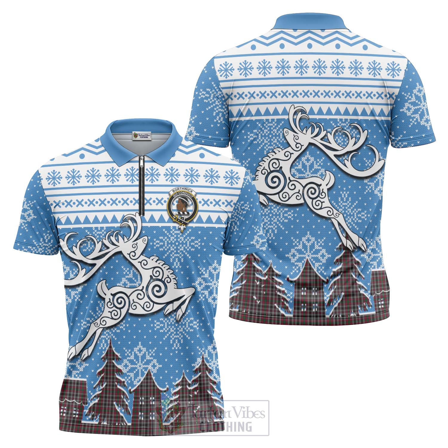 Borthwick Clan Christmas Zipper Polo Shirt Celtic Reindeer Style Unisex - Tartan Vibes Clothing
