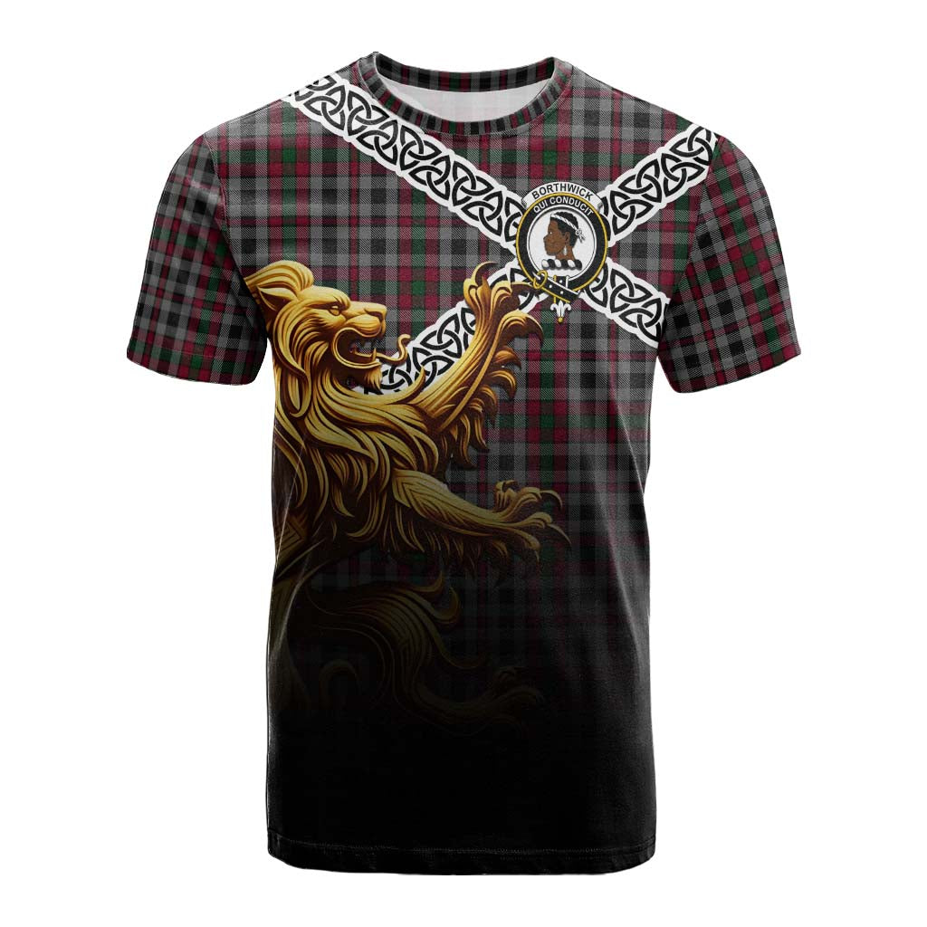 Tartan Vibes Clothing Borthwick Crest Tartan Cotton T-shirt with Golden Lion Emblem Celtic Style