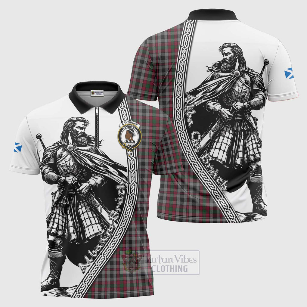 Borthwick Tartan Clan Crest Zipper Polo Shirt with Highlander Warrior Celtic Style Unisex - Tartan Vibes Clothing