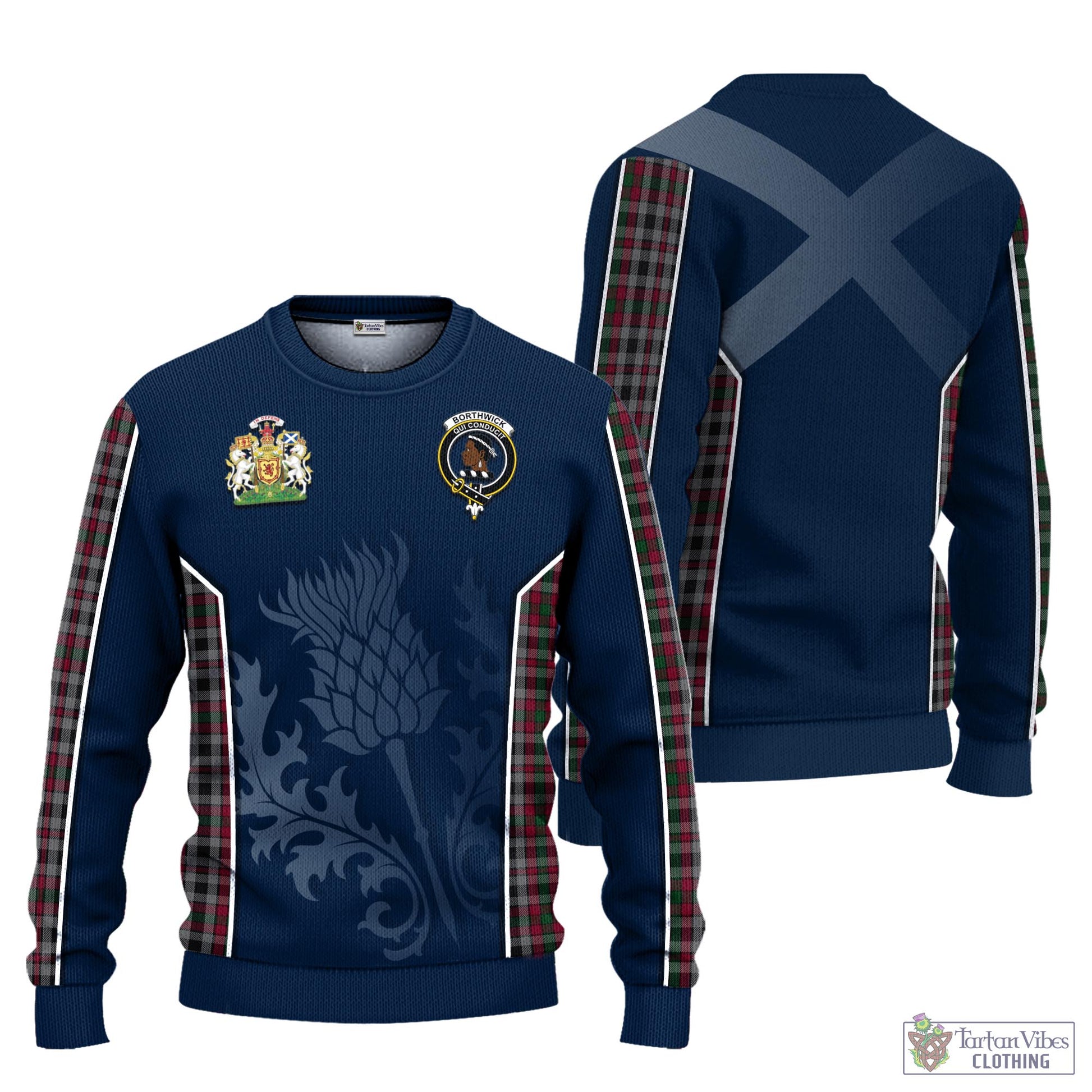 Borthwick Tartan Knitted Sweatshirt with Family Crest and Scottish Thistle Vibes Sport Style Unisex - Tartan Vibes Clothing