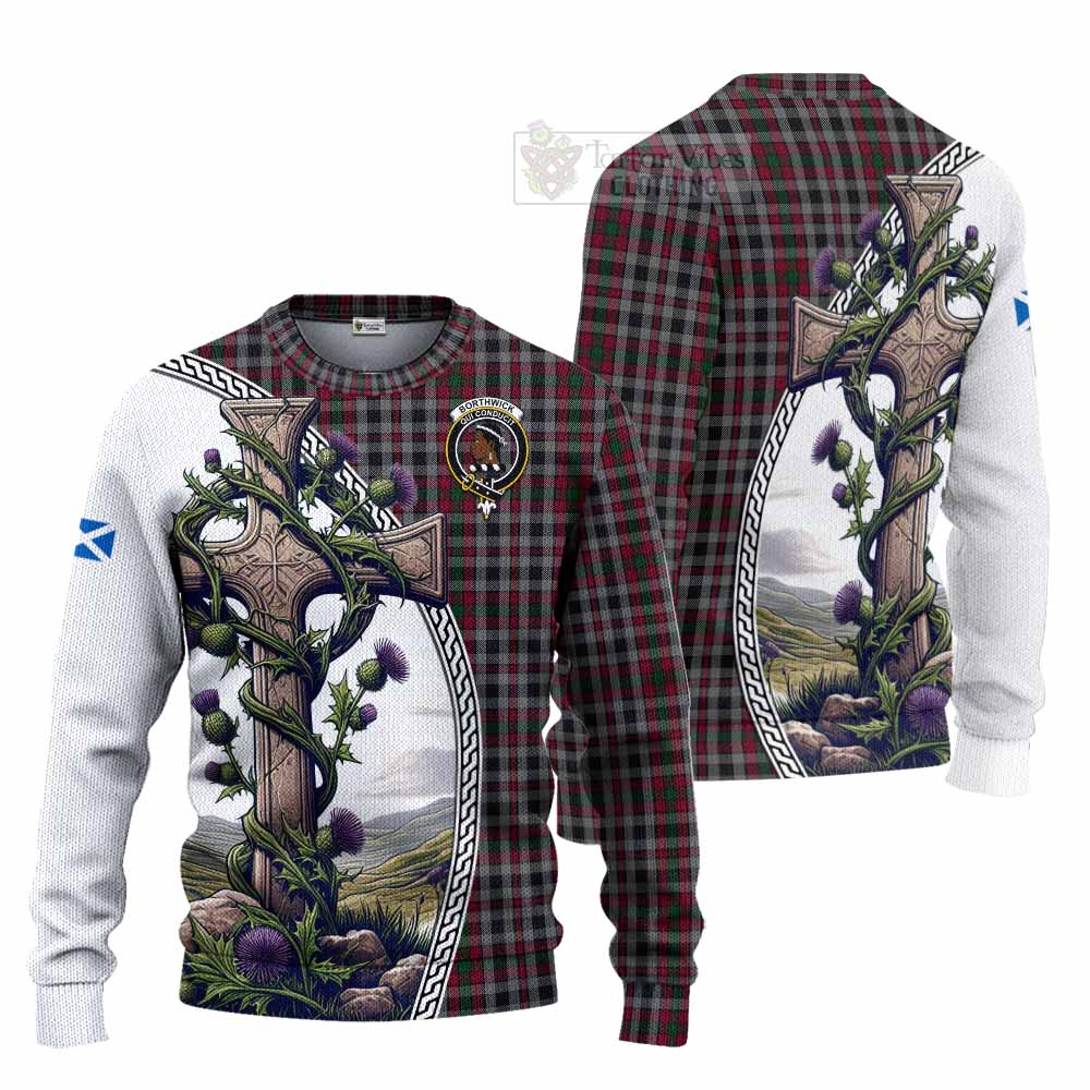 Borthwick Tartan Knitted Sweater with Family Crest and St. Andrew's Cross Accented by Thistle Vines Unisex - Tartan Vibes Clothing