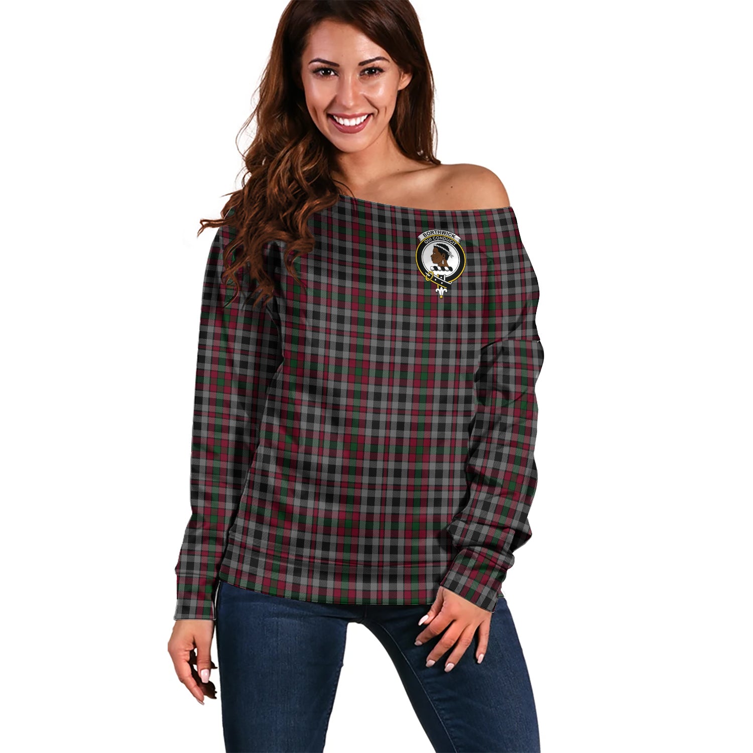 Borthwick Tartan Off Shoulder Women Sweater with Family Crest Women - Tartan Vibes Clothing
