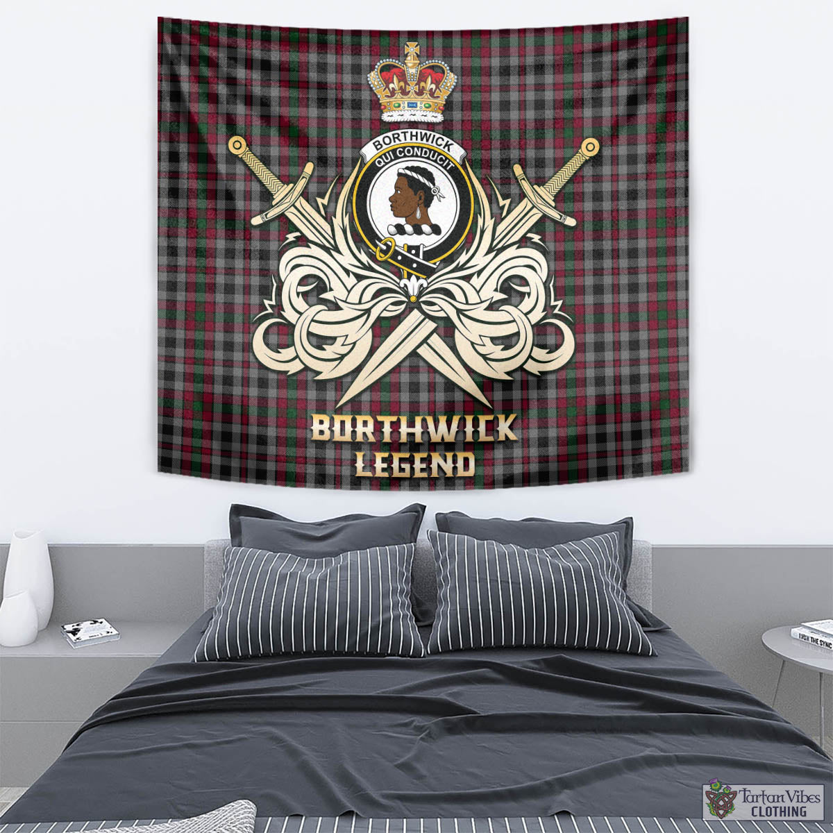 Tartan Vibes Clothing Borthwick Tartan Tapestry with Clan Crest and the Golden Sword of Courageous Legacy