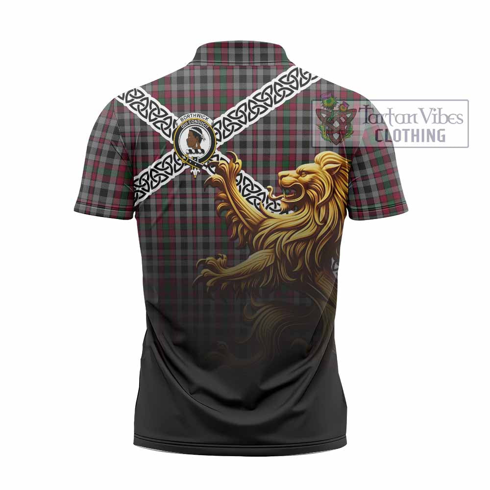 Borthwick Crest Tartan Zipper Polo Shirt with Golden Lion Emblem Celtic Style - Tartan Vibes Clothing