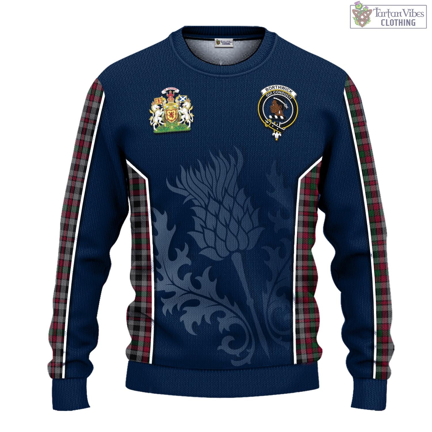 Borthwick Tartan Knitted Sweatshirt with Family Crest and Scottish Thistle Vibes Sport Style - Tartan Vibes Clothing