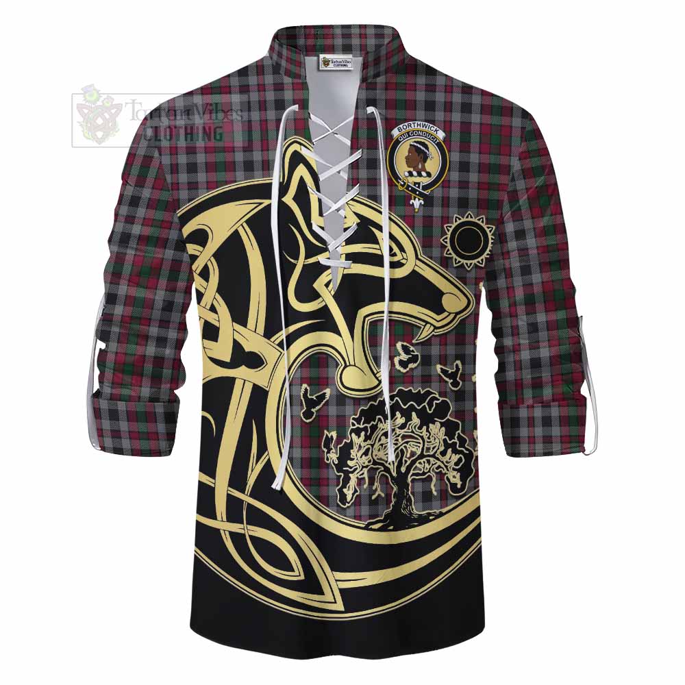 Borthwick Tartan Ghillie Kilt Shirt with Family Crest Celtic Wolf Style - Tartan Vibes Clothing