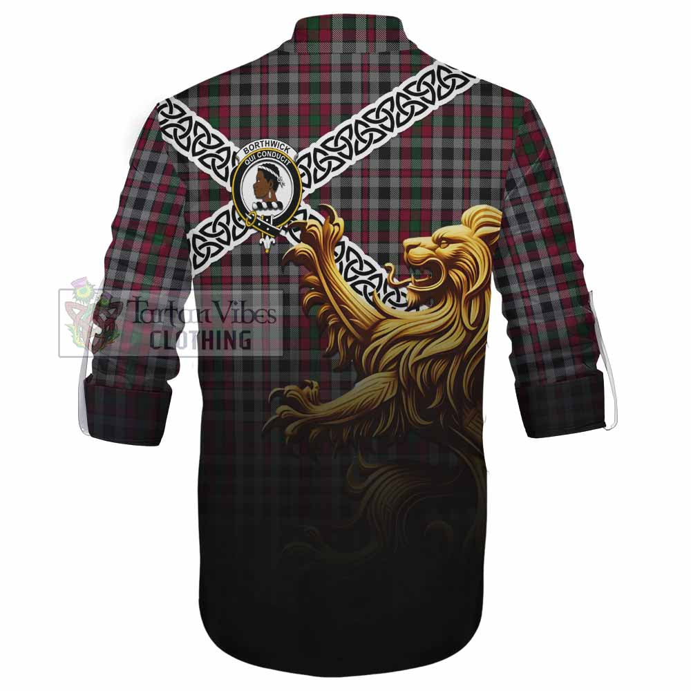 Borthwick Crest Tartan Ghillie Kilt Shirt with Golden Lion Emblem Celtic Style - Tartan Vibes Clothing