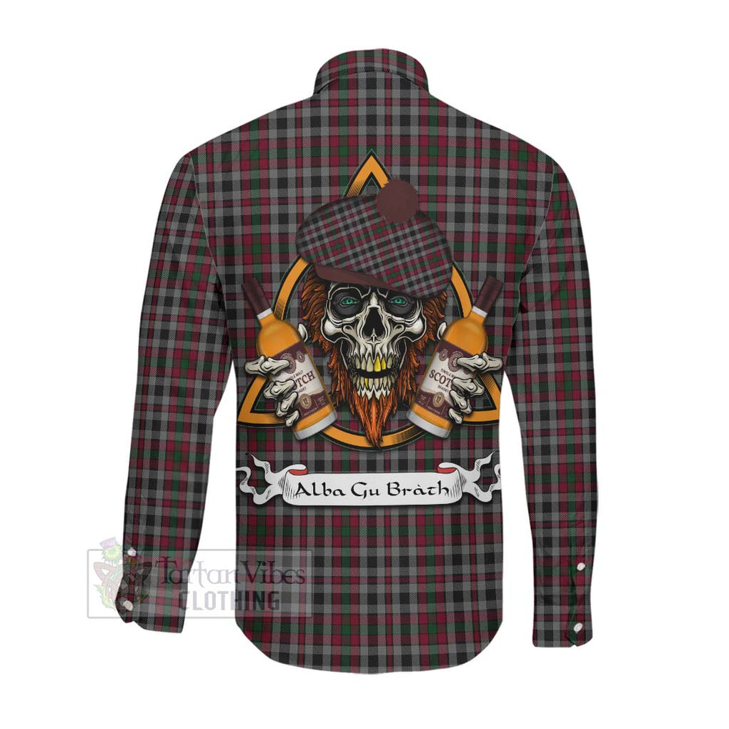 Tartan Vibes Clothing Borthwick Tartan Long Sleeve Button Shirt with Family Crest and Bearded Skull Holding Bottles of Whiskey
