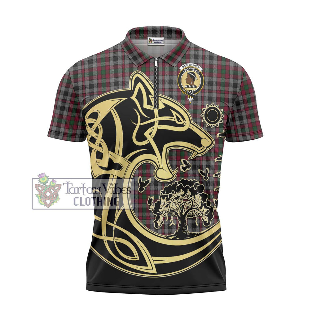 Borthwick Tartan Zipper Polo Shirt with Family Crest Celtic Wolf Style - Tartan Vibes Clothing