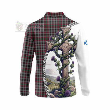 Borthwick Tartan Long Sleeve Polo Shirt with Family Crest and St. Andrew's Cross Accented by Thistle Vines - Tartan Vibes Clothing