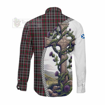 Borthwick Tartan Long Sleeve Button Shirt with Family Crest and St. Andrew's Cross Accented by Thistle Vines Men's Shirt - Tartan Vibes Clothing