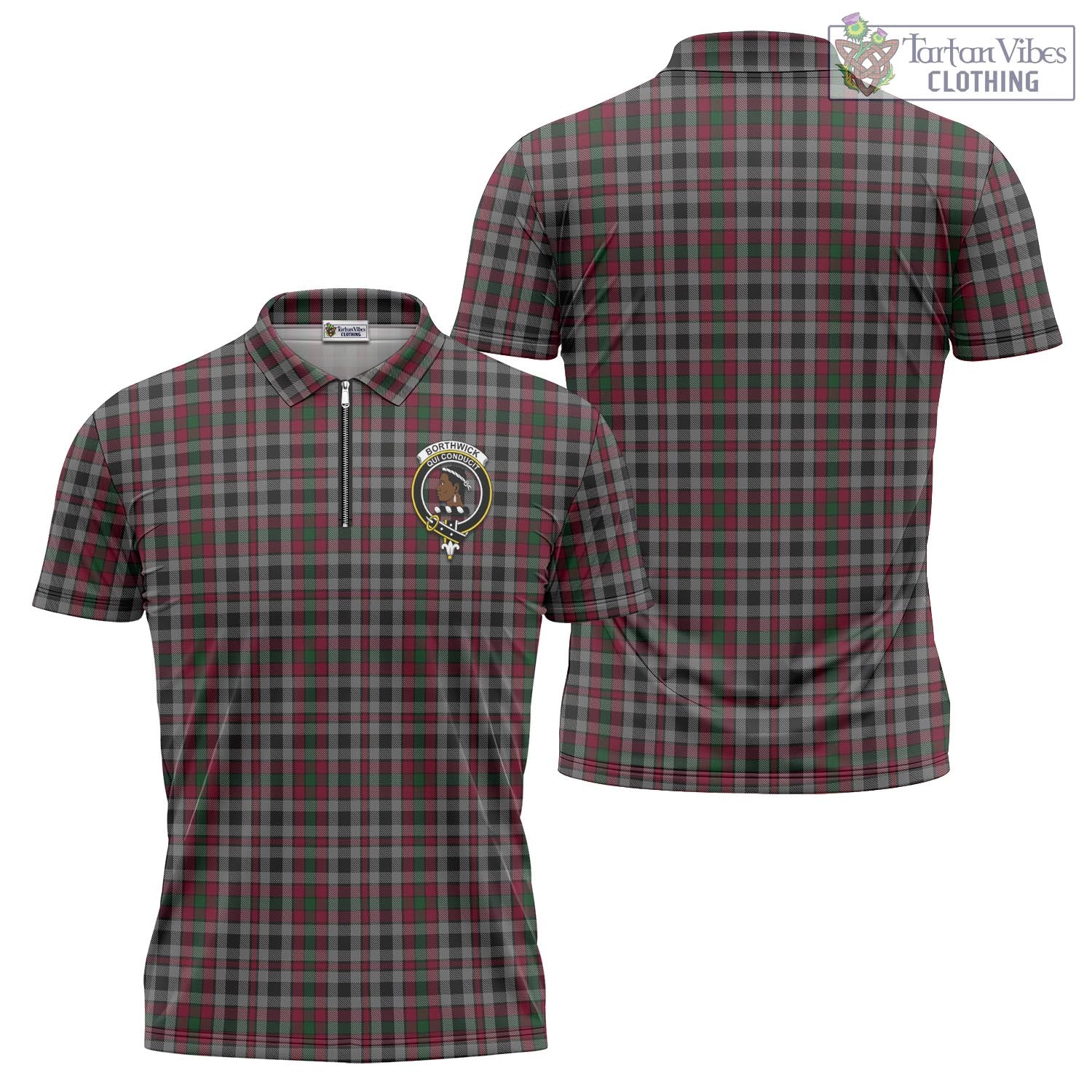 Borthwick Tartan Zipper Polo Shirt with Family Crest - Tartan Vibes Clothing