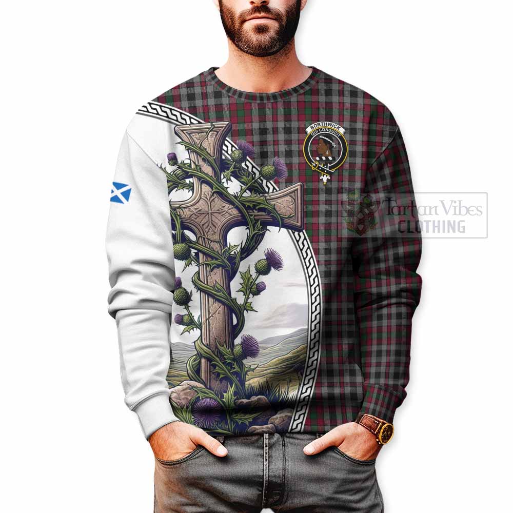 Borthwick Tartan Sweatshirt with Family Crest and St. Andrew's Cross Accented by Thistle Vines - Tartan Vibes Clothing