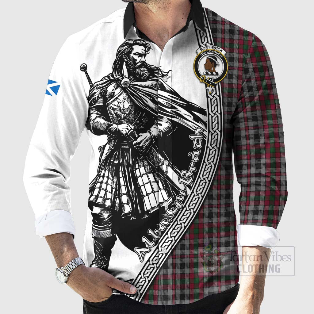 Borthwick Tartan Clan Crest Long Sleeve Button Shirt with Highlander Warrior Celtic Style - Tartan Vibes Clothing