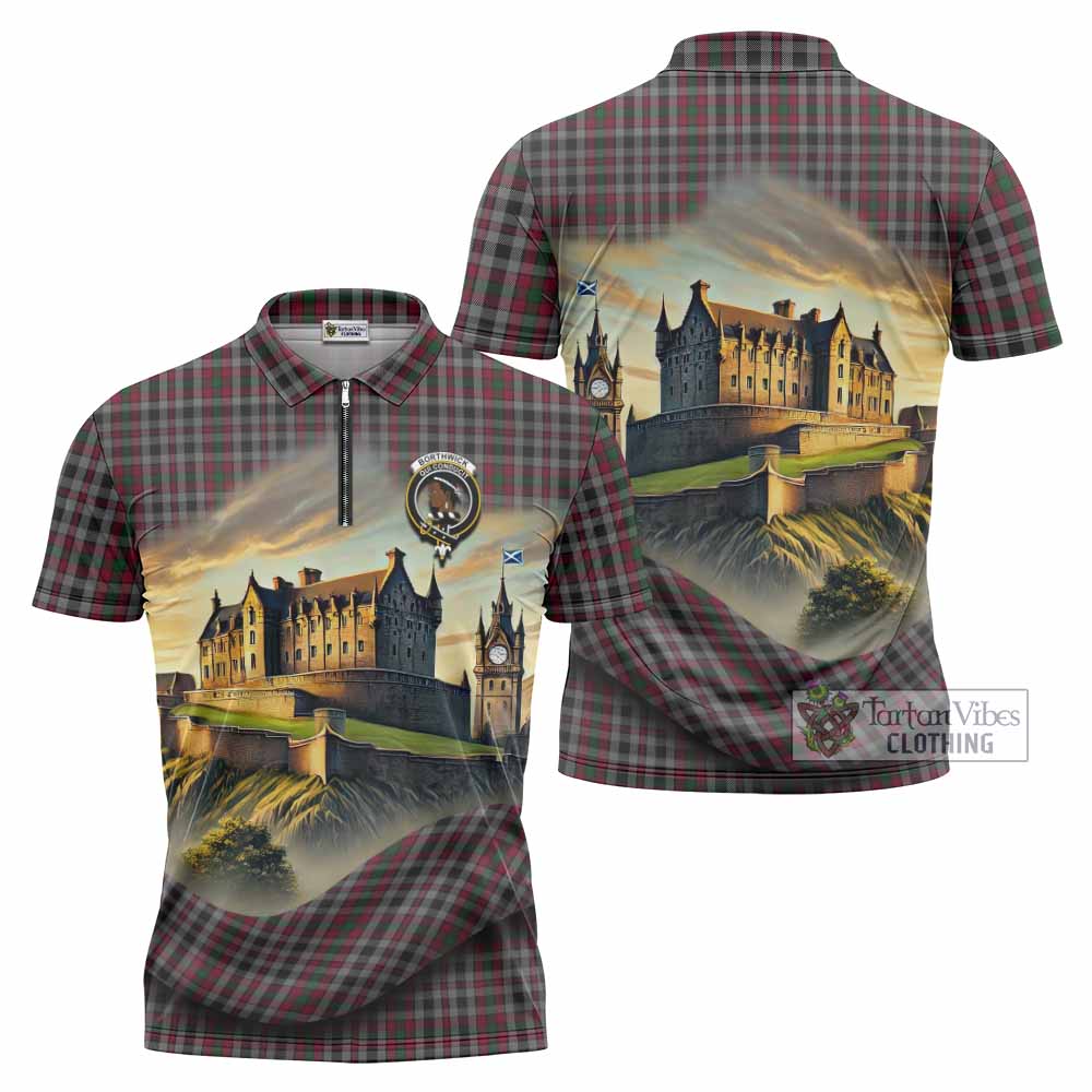 Borthwick Tartan Family Crest Zipper Polo Shirt with Scottish Ancient Castle Style - Tartan Vibes Clothing