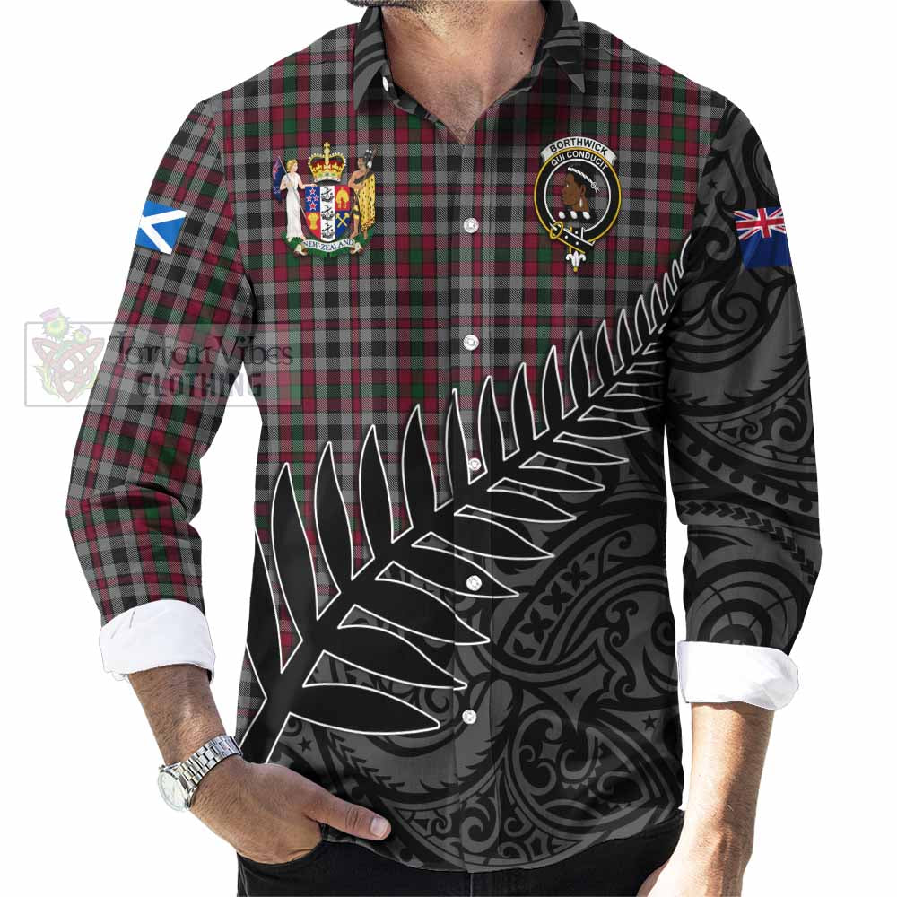 Borthwick Crest Tartan Long Sleeve Button Shirt with New Zealand Silver Fern Half Style - Tartan Vibes Clothing
