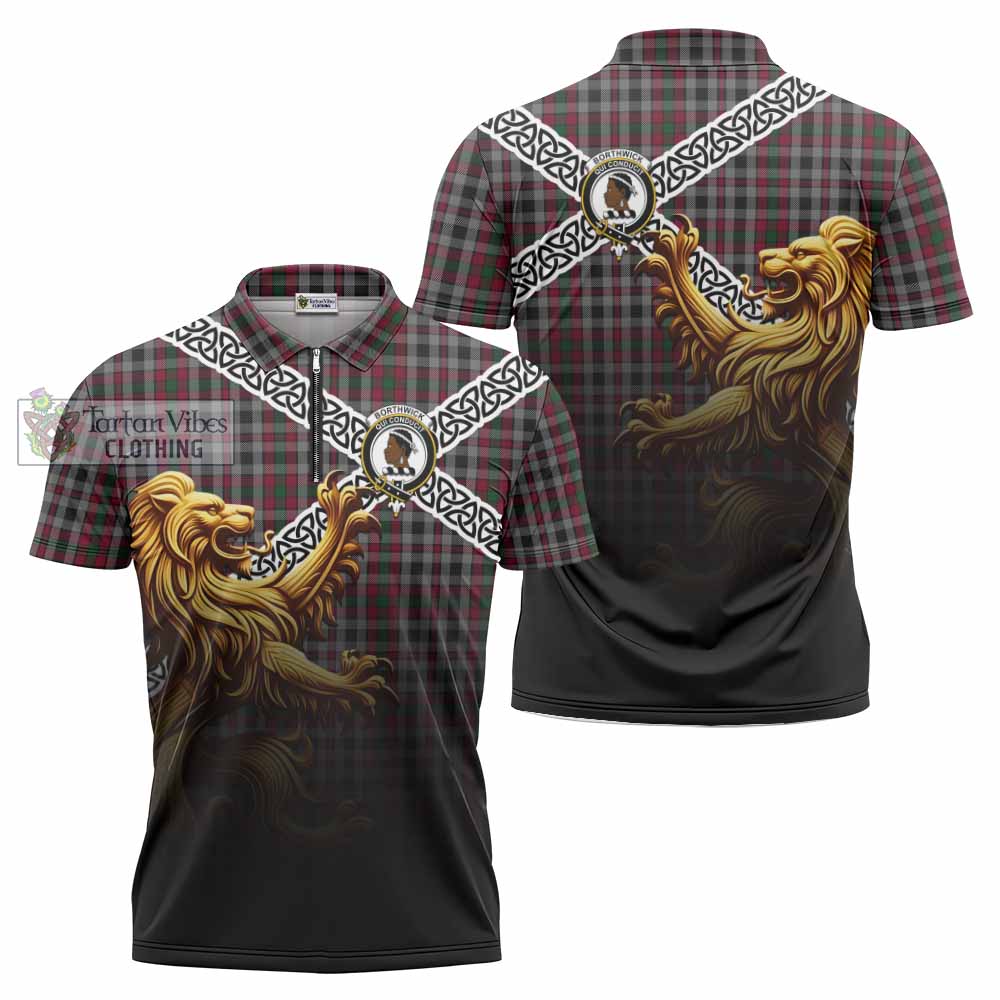 Borthwick Crest Tartan Zipper Polo Shirt with Golden Lion Emblem Celtic Style - Tartan Vibes Clothing