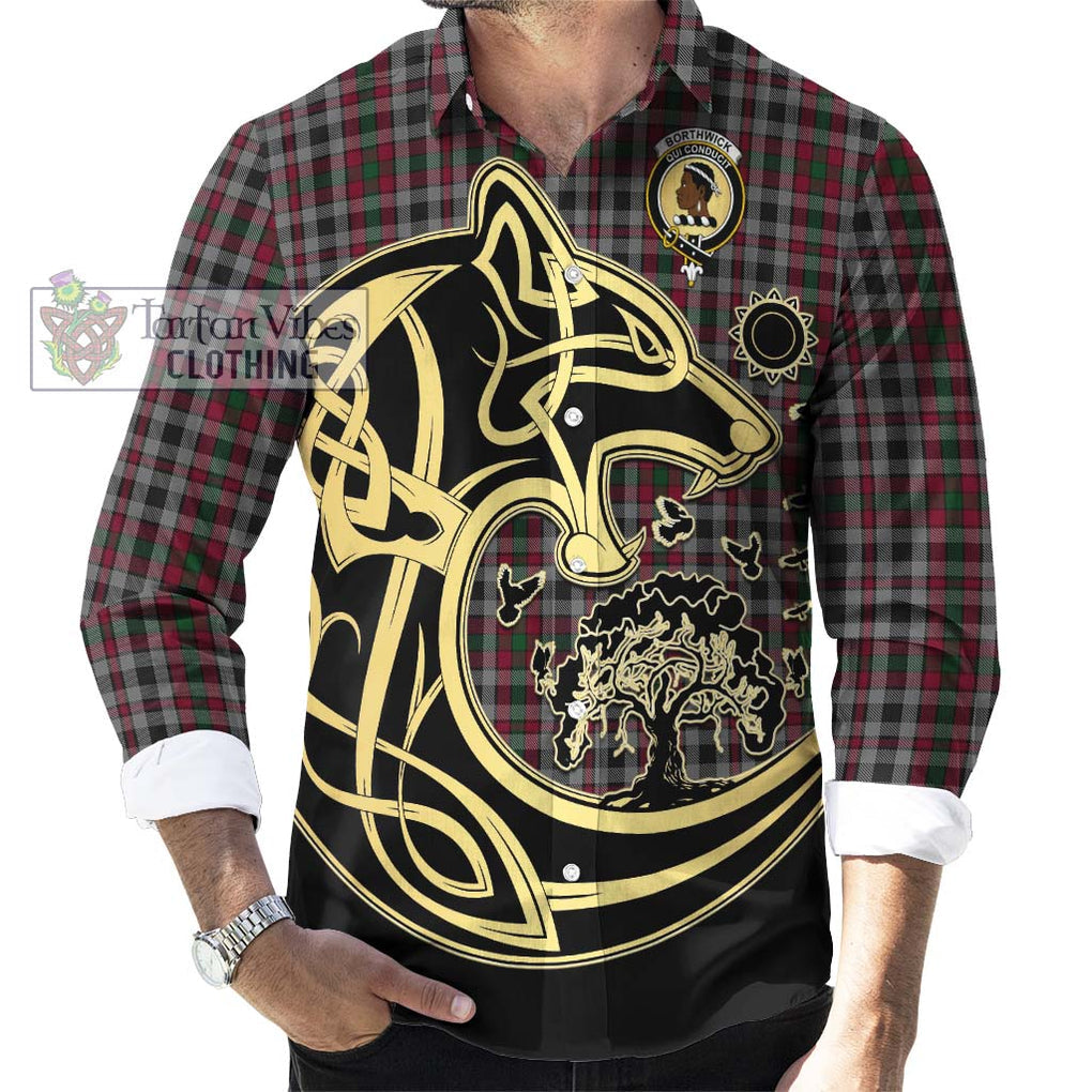 Borthwick Tartan Long Sleeve Button Shirt with Family Crest Celtic Wolf Style - Tartan Vibes Clothing