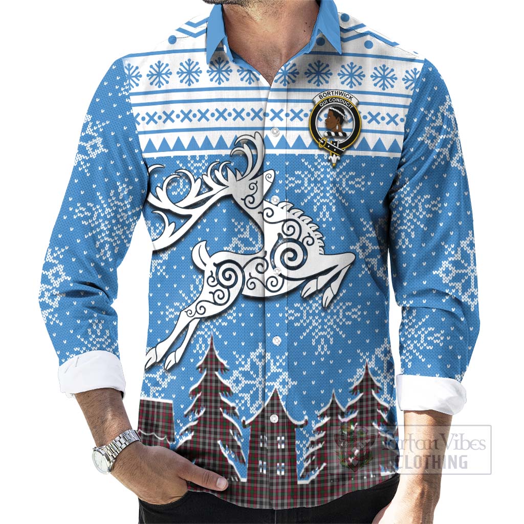 Borthwick Clan Christmas Long Sleeve Button Shirt Celtic Reindeer Style - Tartan Vibes Clothing
