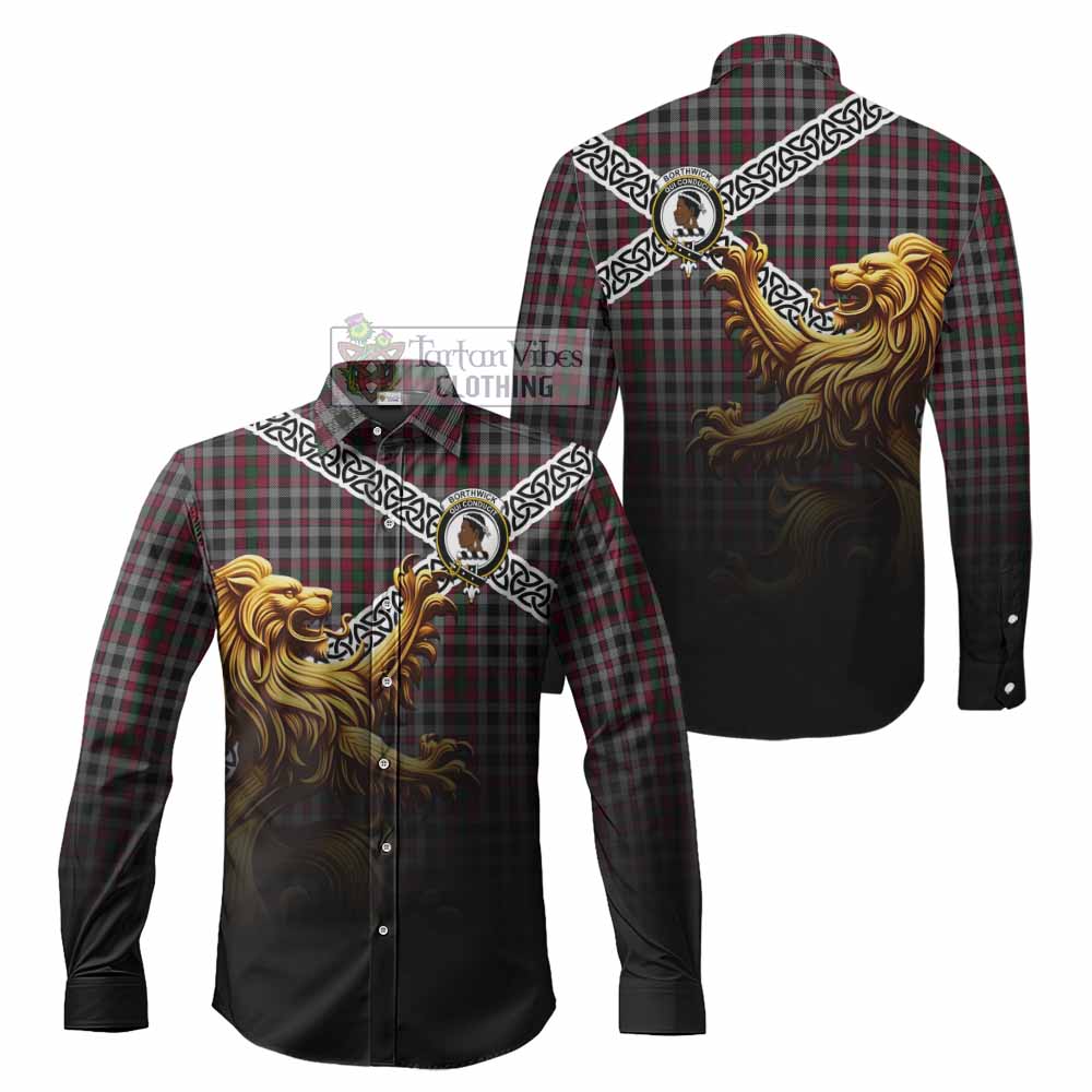 Borthwick Crest Tartan Long Sleeve Button Shirt with Golden Lion Emblem Celtic Style - Tartan Vibes Clothing