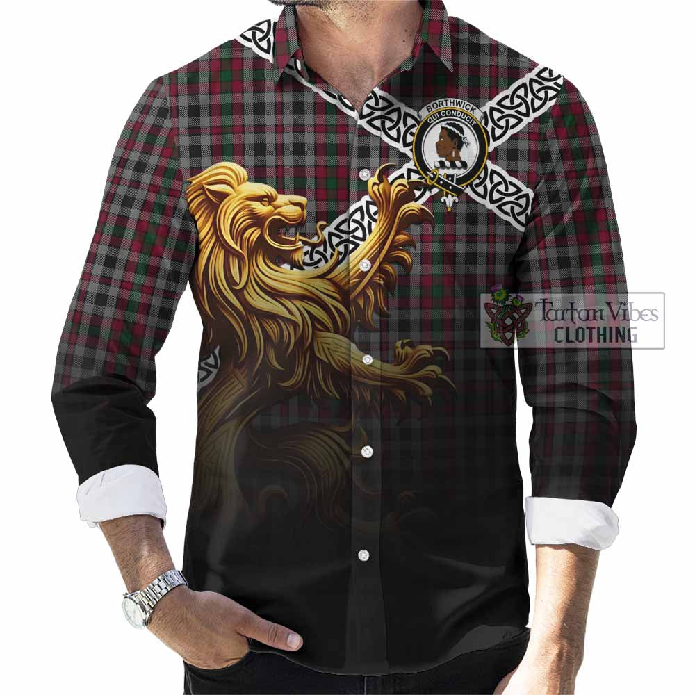 Borthwick Crest Tartan Long Sleeve Button Shirt with Golden Lion Emblem Celtic Style - Tartan Vibes Clothing