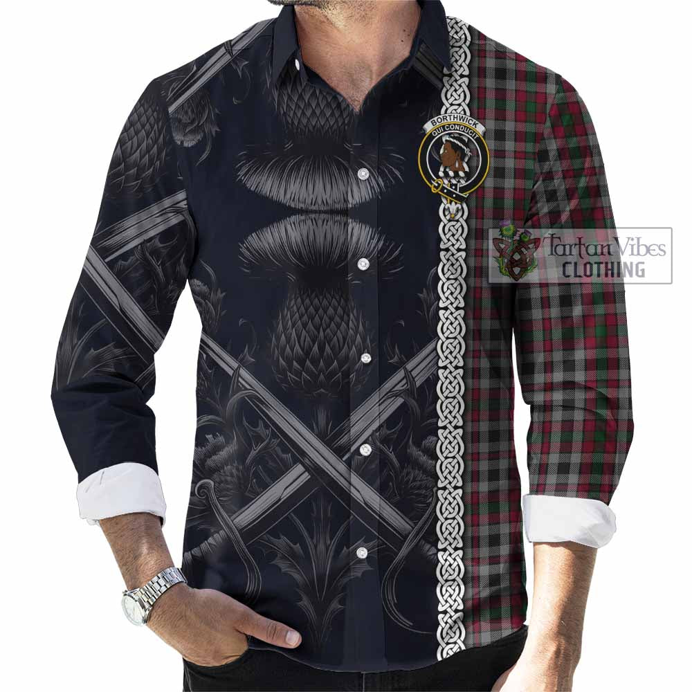 Tartan Vibes Clothing Borthwick Tartan Long Sleeve Button Shirt with Family Crest Cross Sword Thistle Celtic Vibes