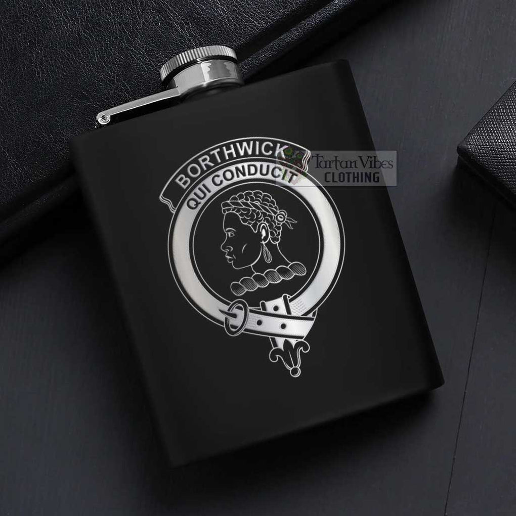 Tartan Vibes Clothing Borthwick Crest Hip Flask Set 7oz Black Stainless Steel with A Gift Box