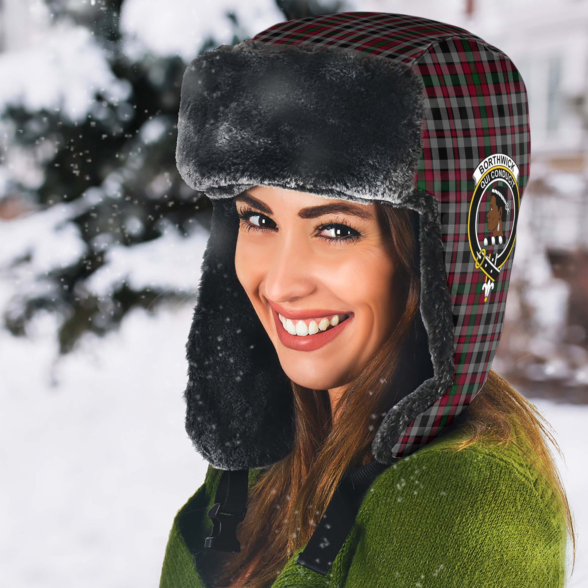 Borthwick Tartan Winter Trapper Hat with Family Crest - Tartan Vibes Clothing