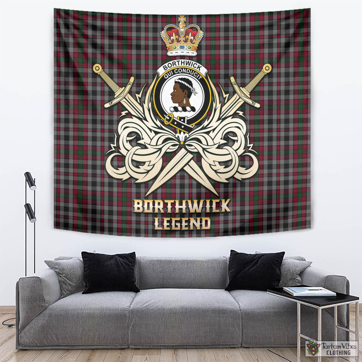 Tartan Vibes Clothing Borthwick Tartan Tapestry with Clan Crest and the Golden Sword of Courageous Legacy