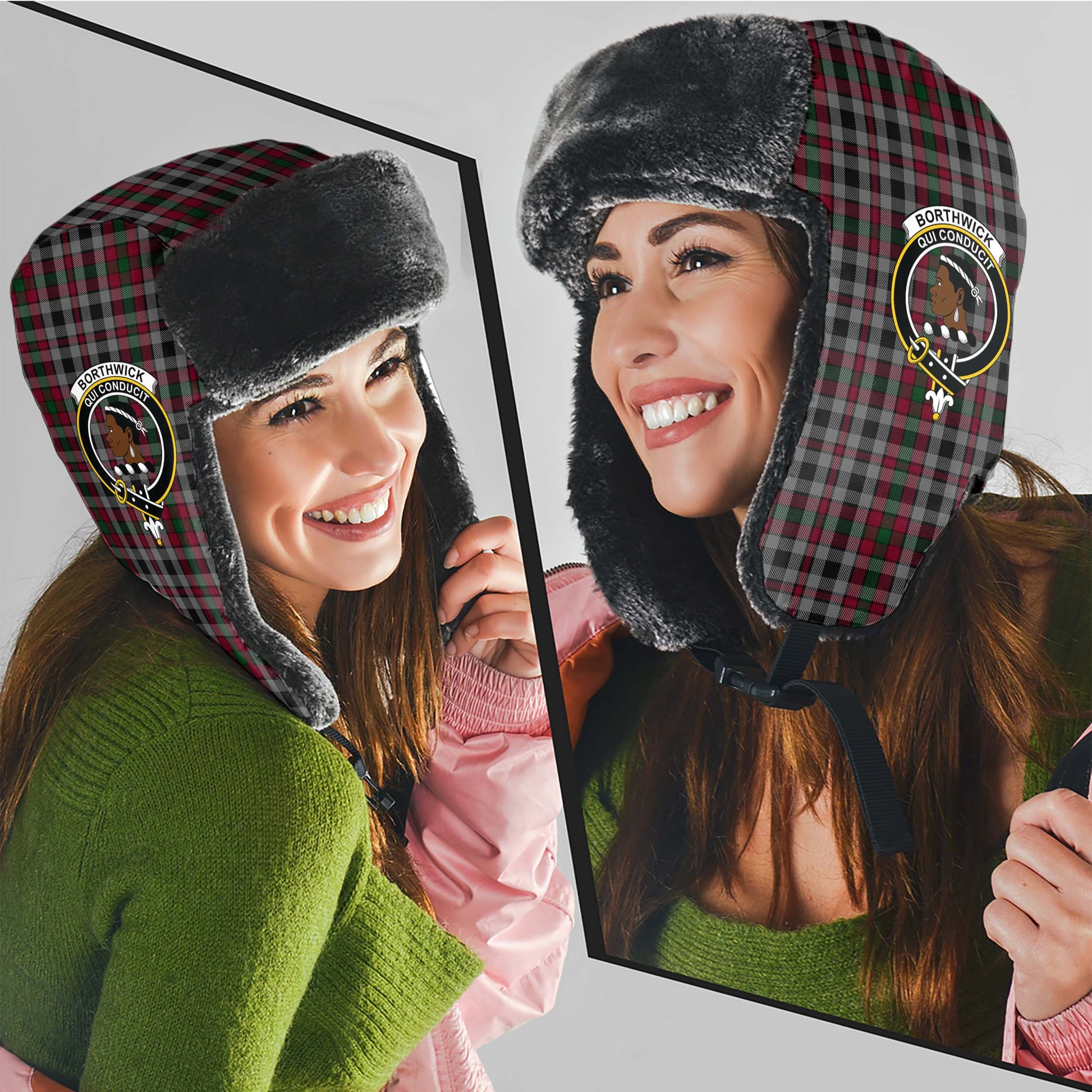 Borthwick Tartan Winter Trapper Hat with Family Crest - Tartan Vibes Clothing