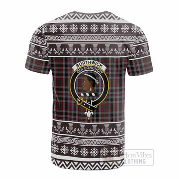 Borthwick Clan Tartan Christmas Cotton T-shirt with Family Crest - Tartan Vibes Clothing