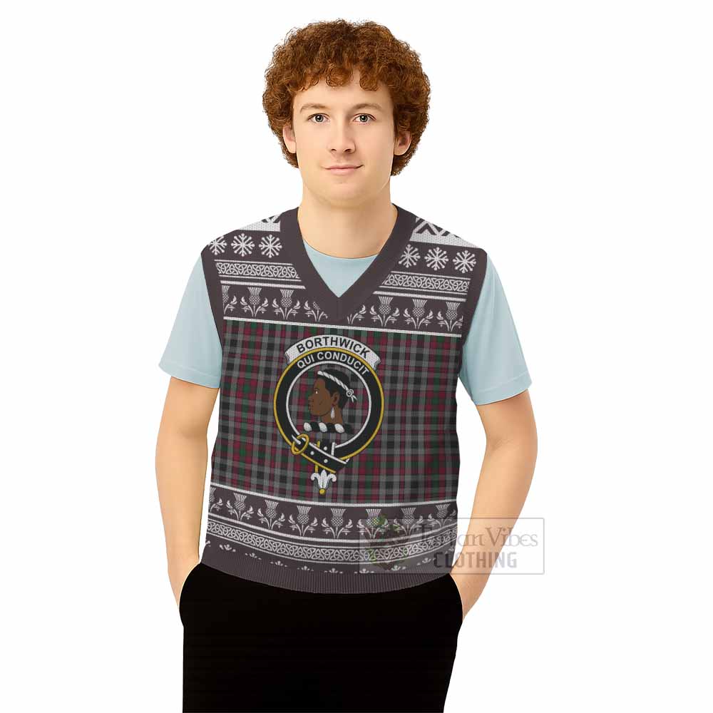 Borthwick Clan Tartan Christmas Knitted V-Neck Vest with Family Crest - Tartan Vibes Clothing