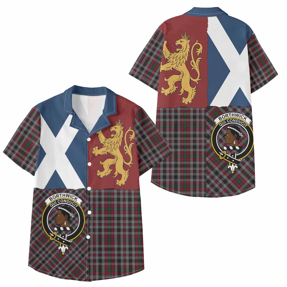 Borthwick Crest Tartan Kid Hawaiian Shirt with Lion Rampant Saltire Style - Tartan Vibes Clothing