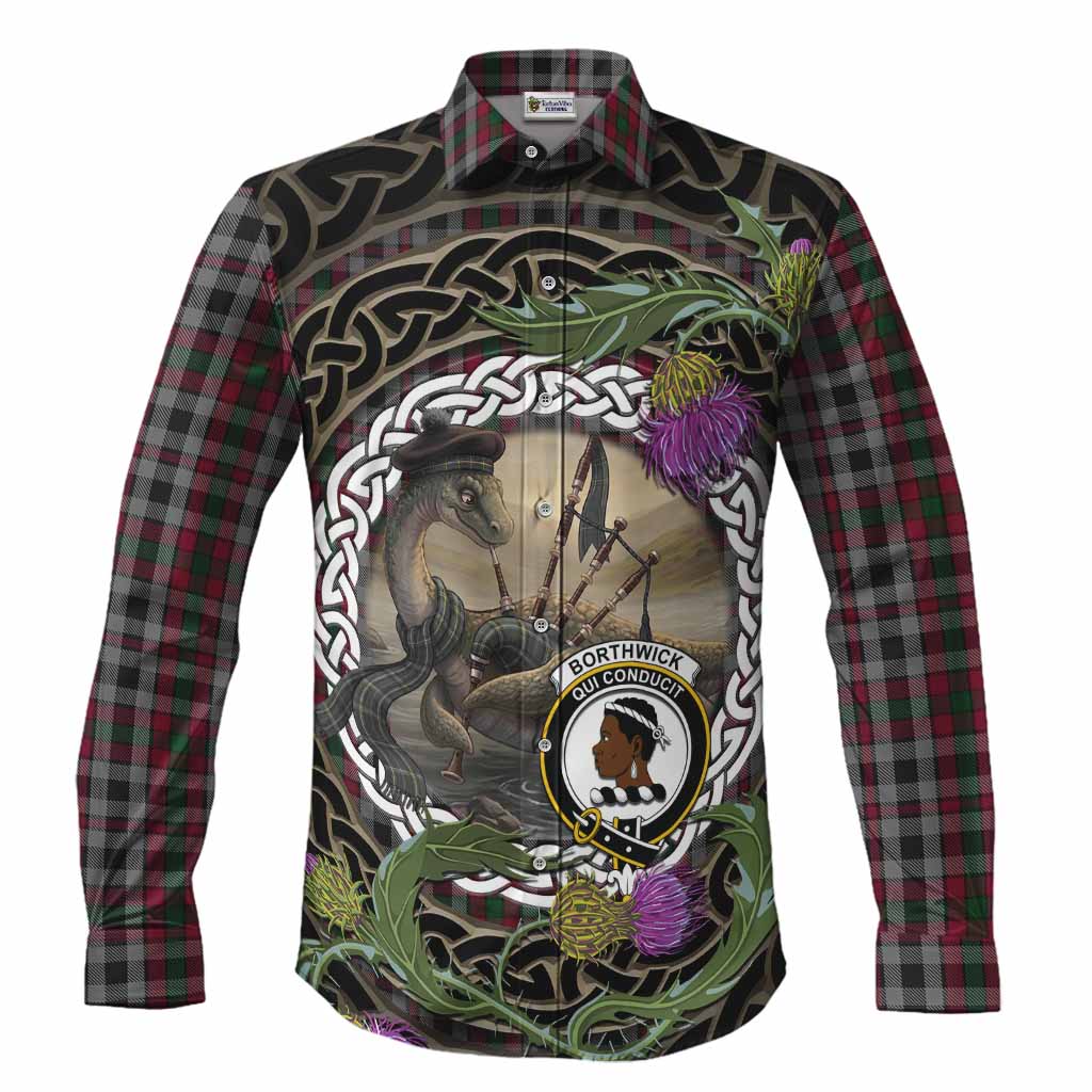Borthwick Tartan Crest Bagpipe Nessie Long Sleeve Button Shirts Scottish Loch Ness Monster Celtic Thistle
