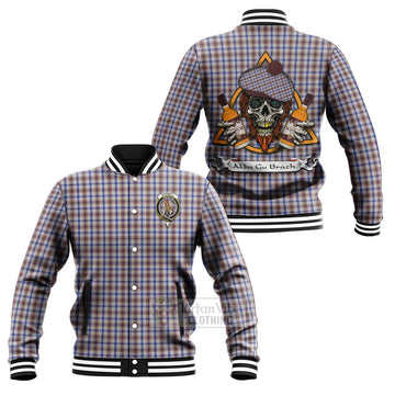 Boswell Tartan Baseball Jacket with Family Crest and Bearded Skull Holding Bottles of Whiskey Unisex - Tartan Vibes Clothing