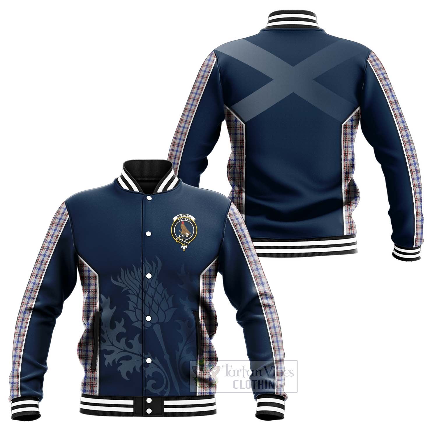 Boswell Tartan Baseball Jacket with Family Crest and Scottish Thistle Vibes Sport Style Unisex - Tartan Vibes Clothing