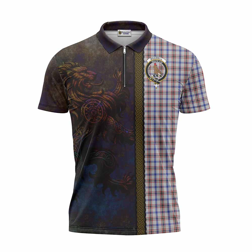 Tartan Vibes Clothing Boswell Tartan Family Crest Zipper Polo Shirt Alba Gu Brath Be Brave Lion Ancient Style