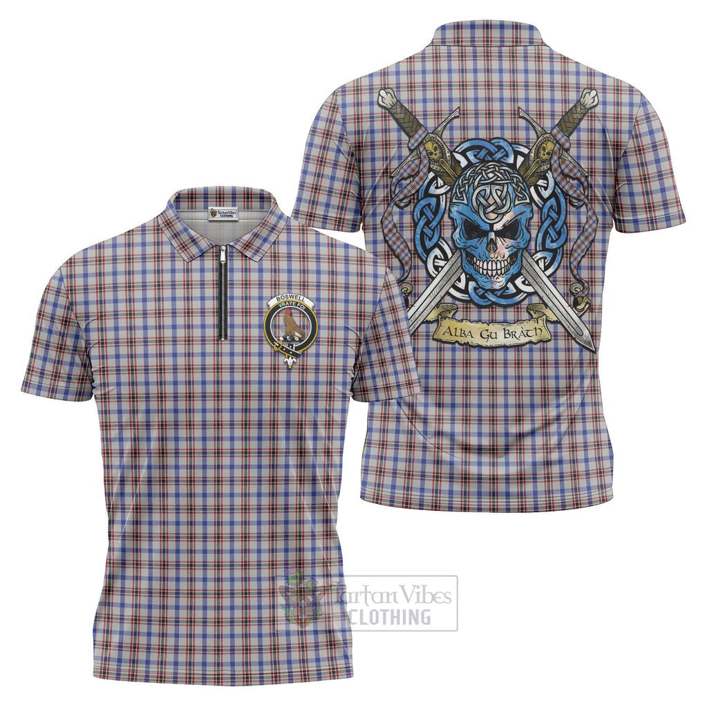 Boswell Tartan Zipper Polo Shirt with Family Crest Celtic Skull Style Unisex - Tartan Vibes Clothing