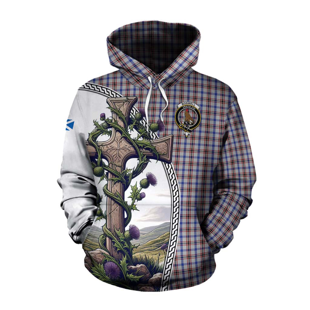 Tartan Vibes Clothing Boswell Tartan Cotton Hoodie with Family Crest and St. Andrew's Cross Accented by Thistle Vines